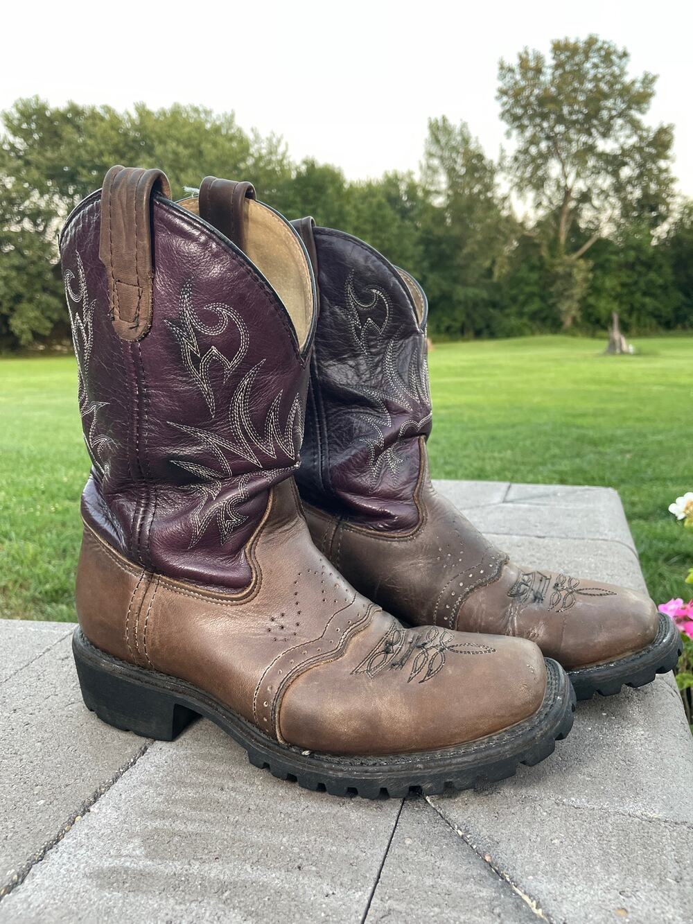 Brown Purple Men's Leather Cowboy Boots Western Sz 9 Mid Calf Square Toe Ranch